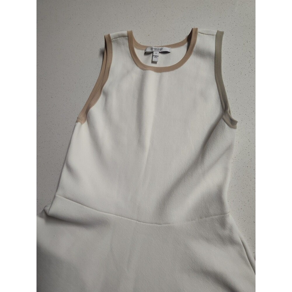 Derek Lam 10 Crosby Sleeveless Ivory Knit Dress Asymmetrical Hem Taupe Edging - Picture 6 of 10